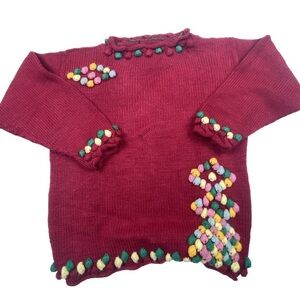 Handmade Ugly Christmas Sweater Knit Pom Poms Tacky Tree Wool Red Women’s Medium